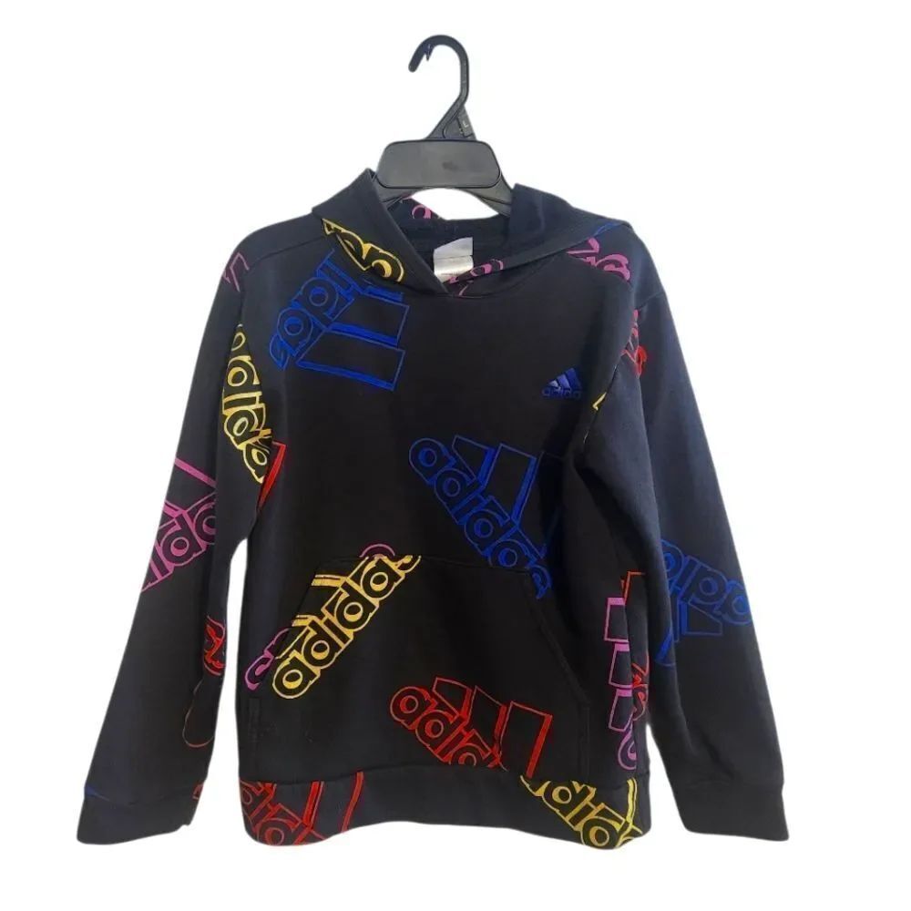 Kids Adidas Black Hoodie with Colorful Logo Size M 10/12